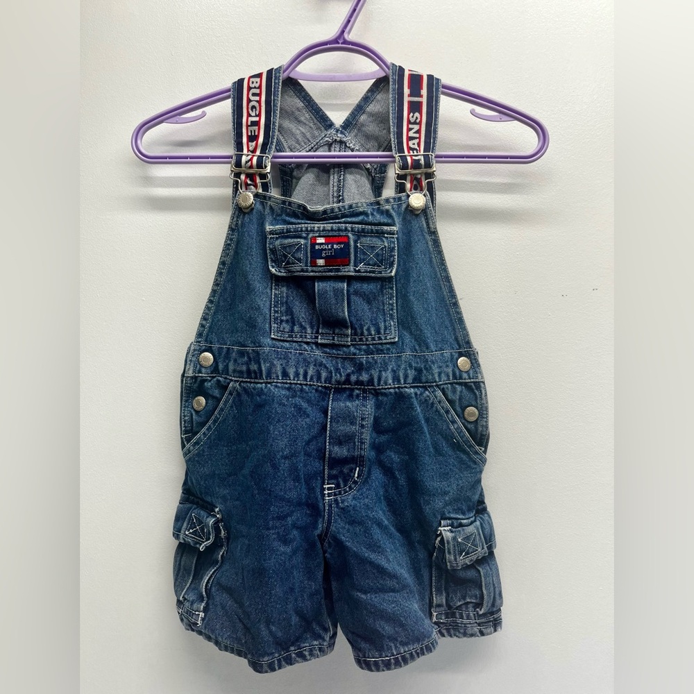 Vintage Bugle Boy Kids Denim Overalls Shorts Y2K Cargo Shortalls